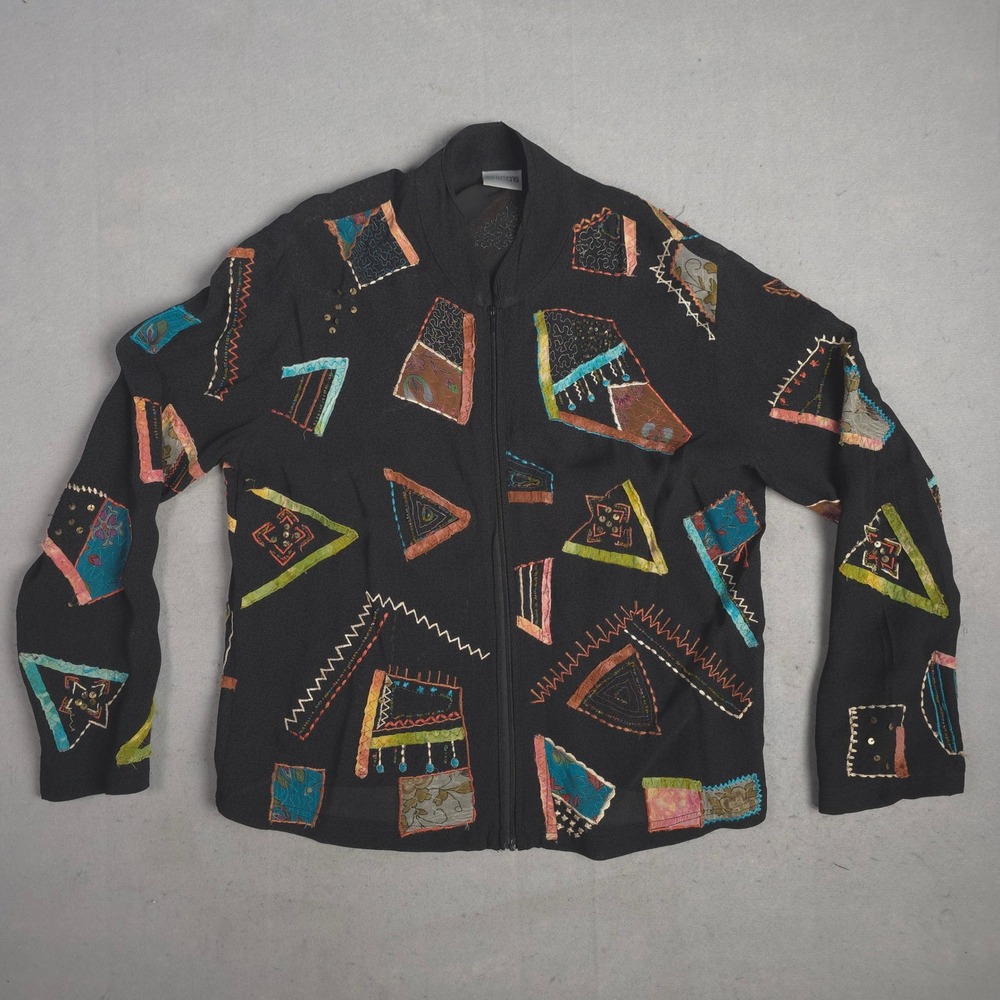 Chico's Art to Wear Jacket Embellished Geometric‎ Print Rayon Size 1